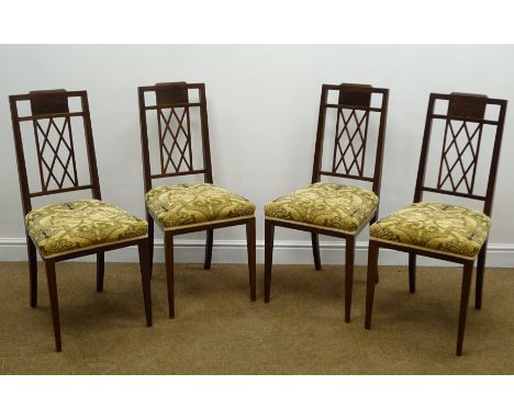 Set four Edwardian mahogany chair, shaped cresting rail, pierced splat, Art Nouveau pattern upholstered seats, tapering suppo