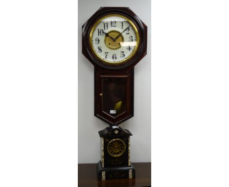 Victorian black slate and marble mantle timepiece H33cm and an American drop dial wall clock H81cm (2)