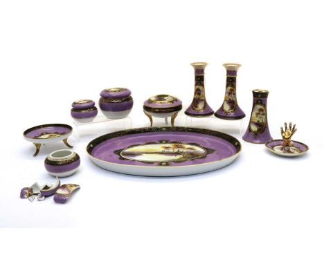 A Noritake dressing table set, early 20th century, Japanese, to include a tray, 32.5cm wide, a pair of candlesticks, 13cm hig