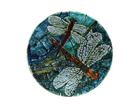 A Poole pottery charger,c.1999, by Tony Morris, decorated with two dragonflies to a mottled turquoise ground, printed and pai