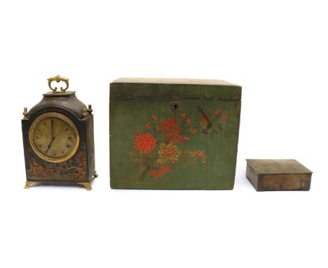 A Chinoiserie decorated mantel clock, early 20th century, the circular gilt metal dial, with a caddy top on gilt metal feet, 