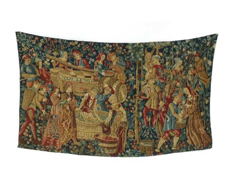 A French needlework tapestry20th century, depicting a classical figural scene of wine being made, 116cm x 192cmCondition Repo