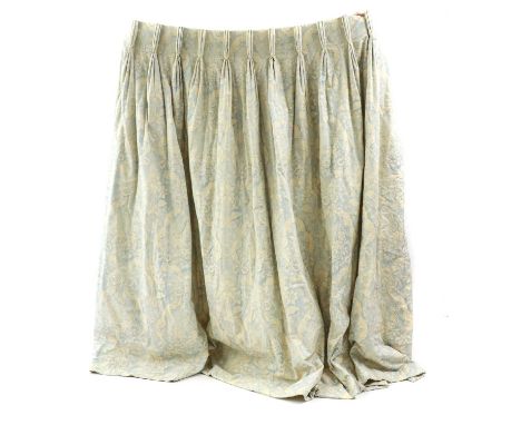 Two pairs of triple pinch curtains,of recent manufacture, in blue and cream foliate and ribbon swag pattern, lined, interline