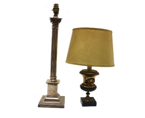 A silver-plated column form table lamp, early 20th century, on a square section stepped base 51cm high  together with a vase 