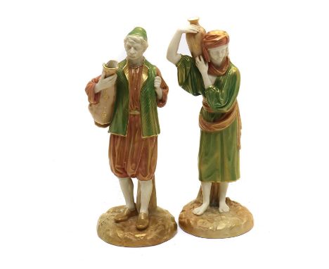 Two Royal Worcester orientalist porcelain figures, 20th century, each in the form of a water carrier, with gilt highlights, p