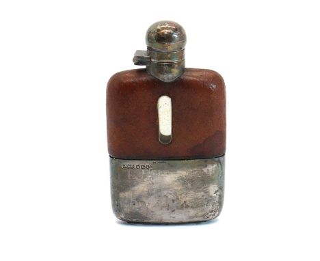 A silver, leather and glass hip flask,by James Dixon &amp; Sons Ltd, Sheffield 1942, the hinged top above a half leather clad