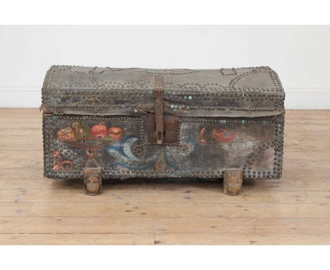 A studded and painted leather dome-topped trunk,19th century and later, Spanish, the lid initialled 'OR' and decorated all ov