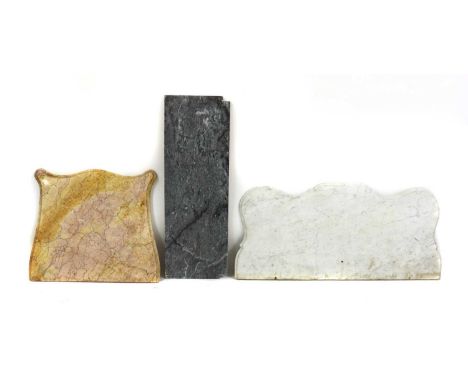 A white serpentine marble wash stand top, 19th century, a Sienna marble cabinet top and a rectangular grey marble,White marbl
