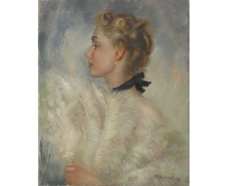 ▴ John Frederick Lloyd Strevens (1902-1990)Lady with a fan and chokersigned and dated 'STREVENS '54' l.r., oil on canvas51 x 