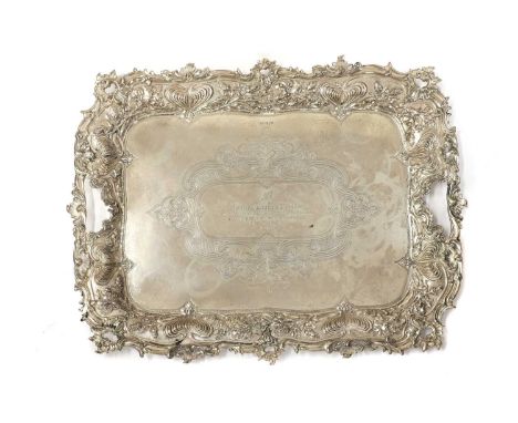 A large silver tray, by Walker and Hall, Sheffield 1903, with an ornate pierced art nouveau border, engraved to the centre 'T