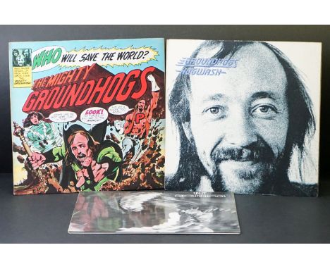 Vinyl - 3 Groundhogs LPs to include Who Will Save The World (UAG 29237), Hogwash (UAG 29419) and Spirit (LBG 83401).  Sleeves