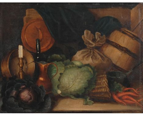 19th century English School, kitchen still life, oil on board, unsigned, 25.5cm x 33cm, unframedGood original condition, very