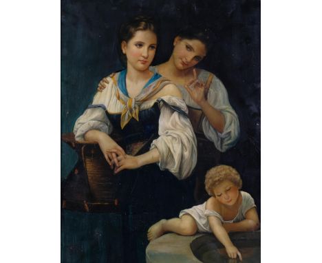 2 Continental women and child, oil painting on ceramic plaque, indistinctly signed, 40cm x 30cm, framedSeveral tiny paint chi