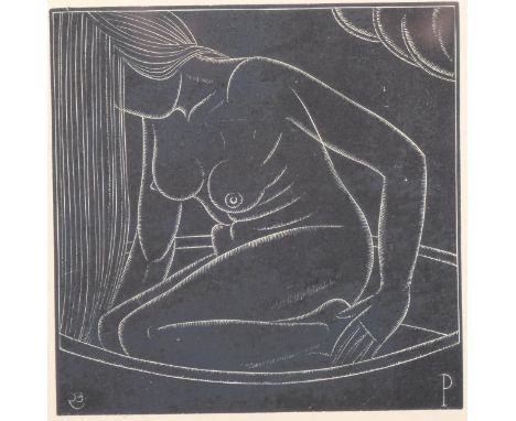 Eric Gill ((1882-1940), woodcut on paper, Girl in Bath II (1923), monogrammed in the plate, 10.5cm x 10.5cm, glazed and frame
