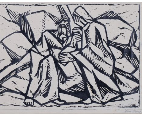 Mid-20th century Biblical composition, woodcut print, indistinctly signed in pencil Hans Gandl?, image 34cm x 46cm, framedGoo
