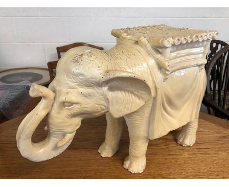 Vintage large pottery elephant with molded bamboo howdah, possibly used as a plant or pot stand, approximately 37cm high 