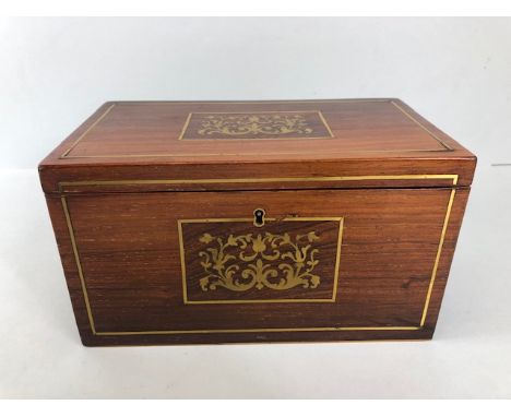 Victorian tea caddy with brass inlay, marquetry and dual compartments with lids