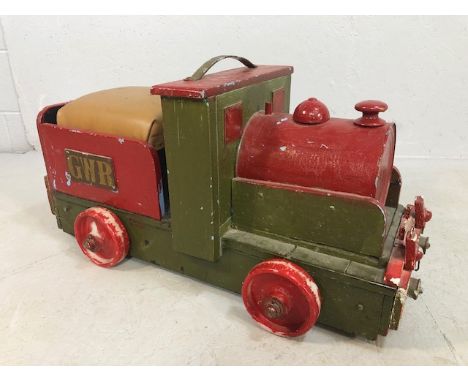Vintage Toys, mid 20th century Childs sit on and ride steam engine, scratch built from wood with padded seat approximately 77
