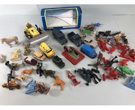 Vintage toys, mixed box of die cast vehicles, inc early Corgi, Dinky, Lensy, along with plastic and cast meta figures, boxed 