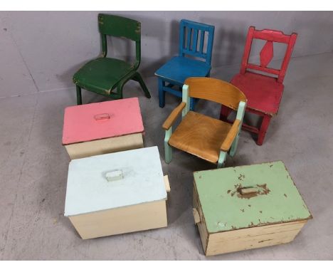 Vintage Furniture, four painted Kindergarten children's chairs and three  wooden school storage boxes  