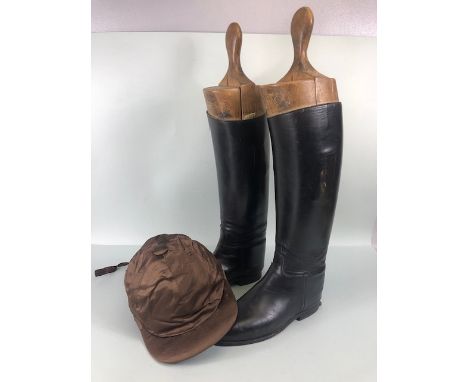 Equestrian racing interest, pair of vintage leather riding  boots with their wooden trees and a vintage Moss Bros skull cap w