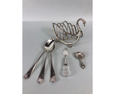 Antique silver plate, EPNS Swan toast rack, shell caddy spoon, trowel server, and three rat tail table spoons  