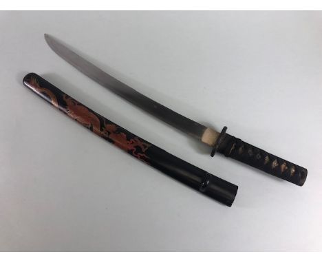 Antique Swords, Japanese short sword Wakizashi, flat section blade, the Grip with plain Iron mounts,and Tsuba, black lacquere