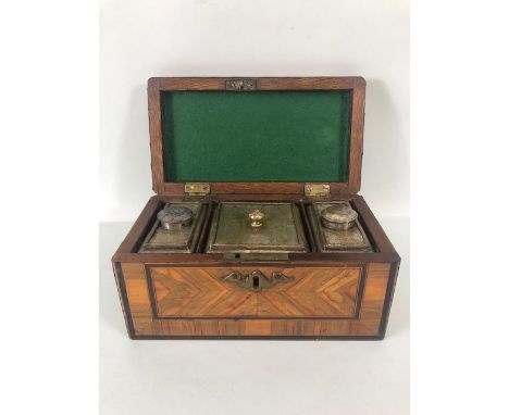 Antique 19th century tea caddy, three metal tins contained in a rectangular shape box  inlaid with geometric patterns of frui