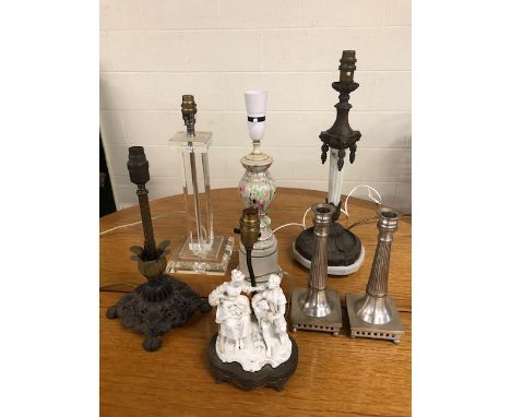 Antique and vintage lighting, 5 table lamp bases of various ages and designs and a pair of candle sticks  