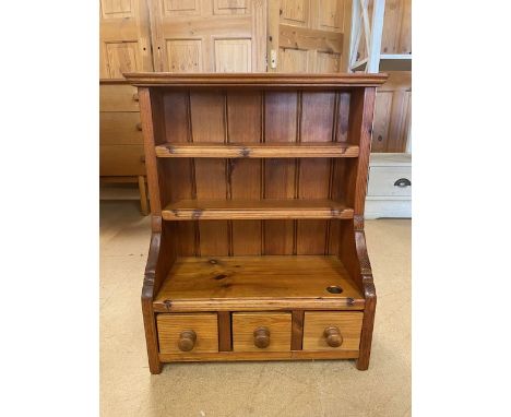 Vintage Pine spice rack in the style of a dresser with 3 drawers to base and 2 shelves above approximately 53 x 64 x 23cm