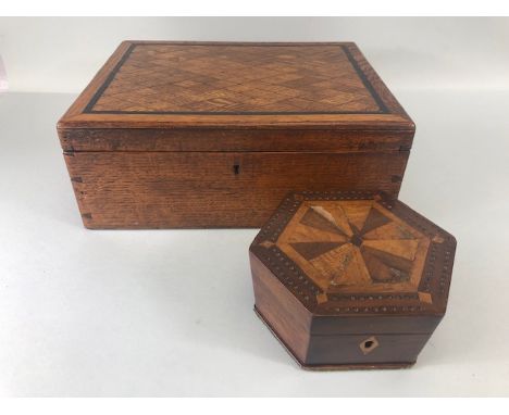 Antique wooden marquetery boxes, Hexagonal box with cribbage board top, oak companion or work box with geometric diamond desi