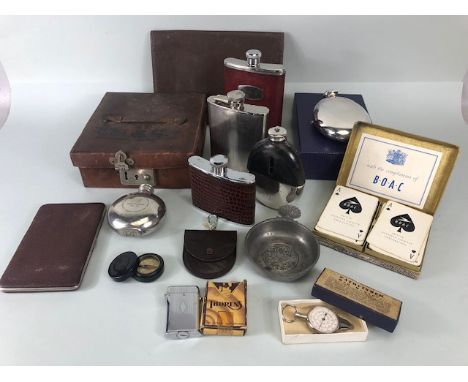 Collection of Gentleman's accessories, 5 vintage hip flasks, leather card case, leather writing folder, Nautical weather forc