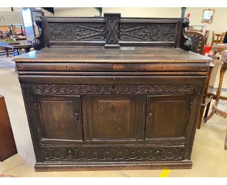 Antique Furniture, composite 19th century carved oak side buffet, bottom linen drawer with 2 door cupboard and twin drawers a