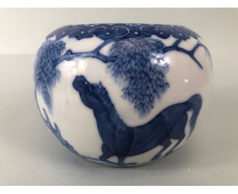 Oriental Art, Chinese blue and white brush wash pot decorated with horses and trees six character signature to base approxima