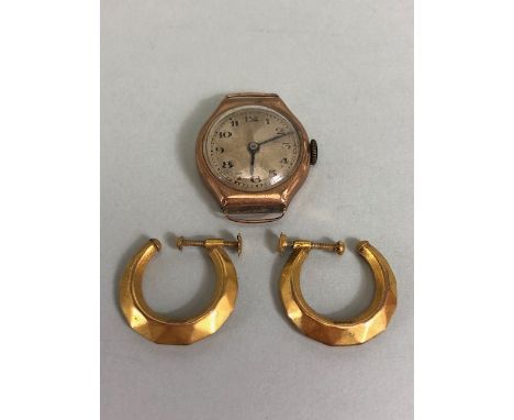 Pair of vintage 9ct Gold earrings (1.5) with screw attachment (clip on) and a 9ct gold cased watch (7.8g) 