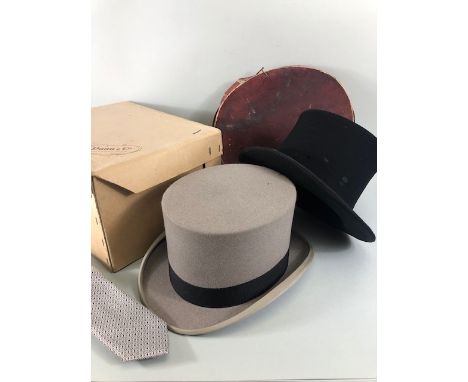 Vintage clothing, folding black opera top hat in its box and a grey felt top hat in its box 