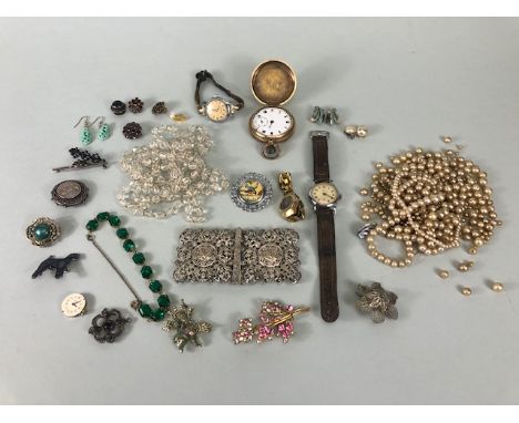 Antique and vintage costume jewellery, to include belt buckle, silver stone set earrings, brooches, pocket watch, Victorian g