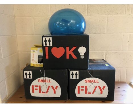 Lighting, 3 modern suspended light fittings Kartell small fly petrol blue, still boxed 