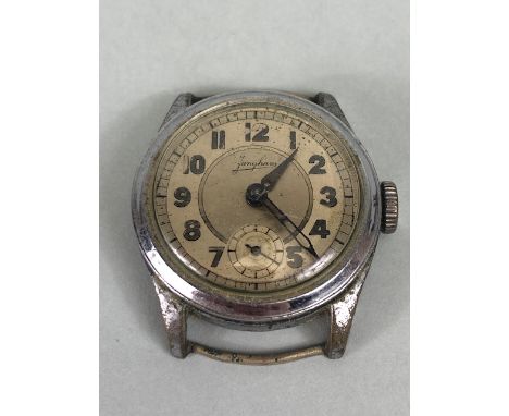 Military watches, WW2 German Junghans strap watch, round face with  Arabic numerals and secondary dial, winds and runs 