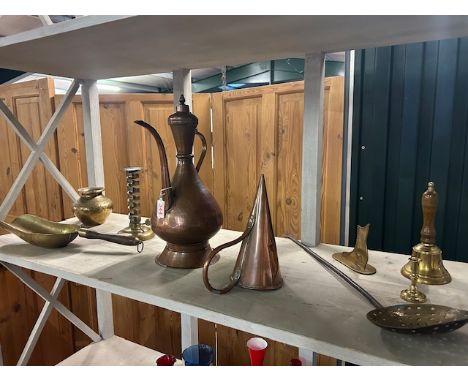 Antique and vintage  brass and copper , to include an eastern water jug, pig tail candlestick, grain scoop, chestnut roster, 