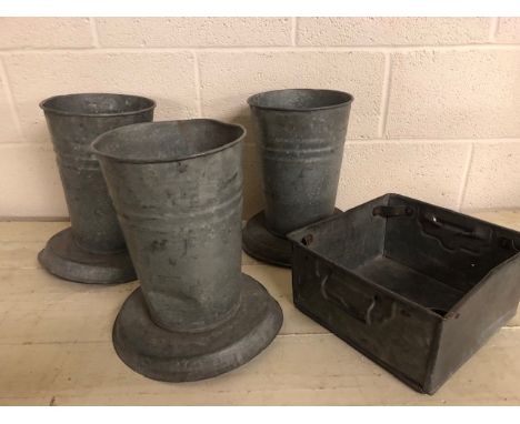 Vintage and retro, three Galvanised metal Florists display buckets and a handled square container 