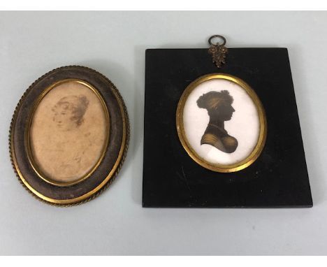 Paintings,  Antique  early 19th century Miniature portrait of a lady in a gilt metal frame inlaid with fabric, and a gold hig