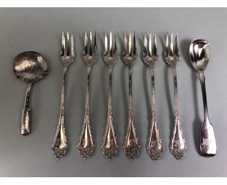 Antique silver, set of six ornate sterling silver pickle forks, Georgian tea caddy spoon Birmingham 1812, and a Victorian spo