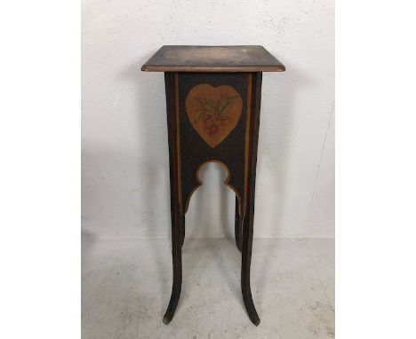 Antique furniture, 19th century poker work plant or pot stand  of arts and crafts style, decorated with coloured  designs of 