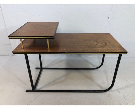 Vintage Furniture, 1970s sleigh telephone table, black metal frame with teak finish 2 tier top approximately 76 x 38cm