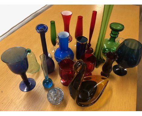 Vintage glass ware, collection of mid century glass items to include rain drop vases, glass swan dish, hyacinth vase, ruby gl