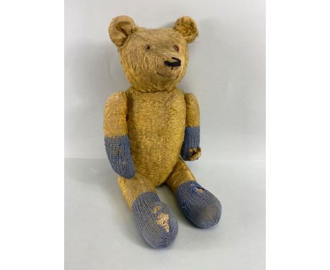 Vintage Toys, early 20th century mohair Teddy bear, straw filled, jointed arms and legs,  stitched nose, slight hump to back,