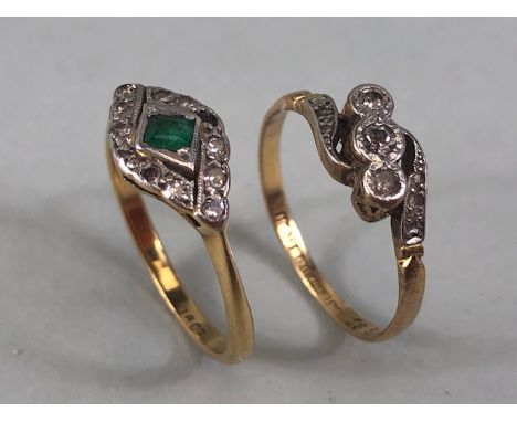 Antique jewellery, 18ct gold ring set with an emerald and diamonds approximately 2.7g size P (AF), 18ct and Plat  ring set wi