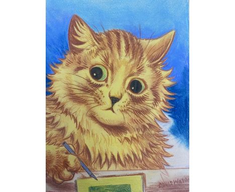 Louis William Wain (British, 1860-1939): An original Louis Wain mixed media artwork painting depicting a classic Louis cat ho