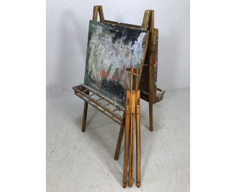 Decorators interest, Childs wooden painting easel, covered in splashes and trails of paint from years of use, along with a co